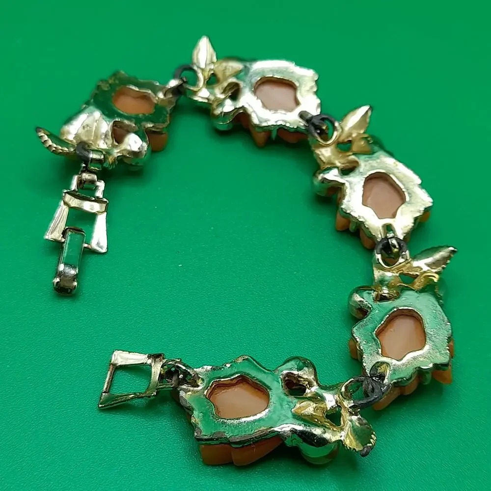 Vintage Orange Moonglow Lucite Leaf Bracelet, Gold Tone, 7 1/4 In, 1950s